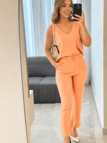 Women's Blouse And Pants Set - Orange - View 2