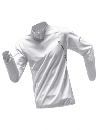 男士运动长袖半拉链套头衫，速干跑步 T 恤，健身训练夹克，透气弹力面料，吸湿排汗字母印花长袖训练衫，常规版型，适合跑步、户外健身、骑行和徒步旅行