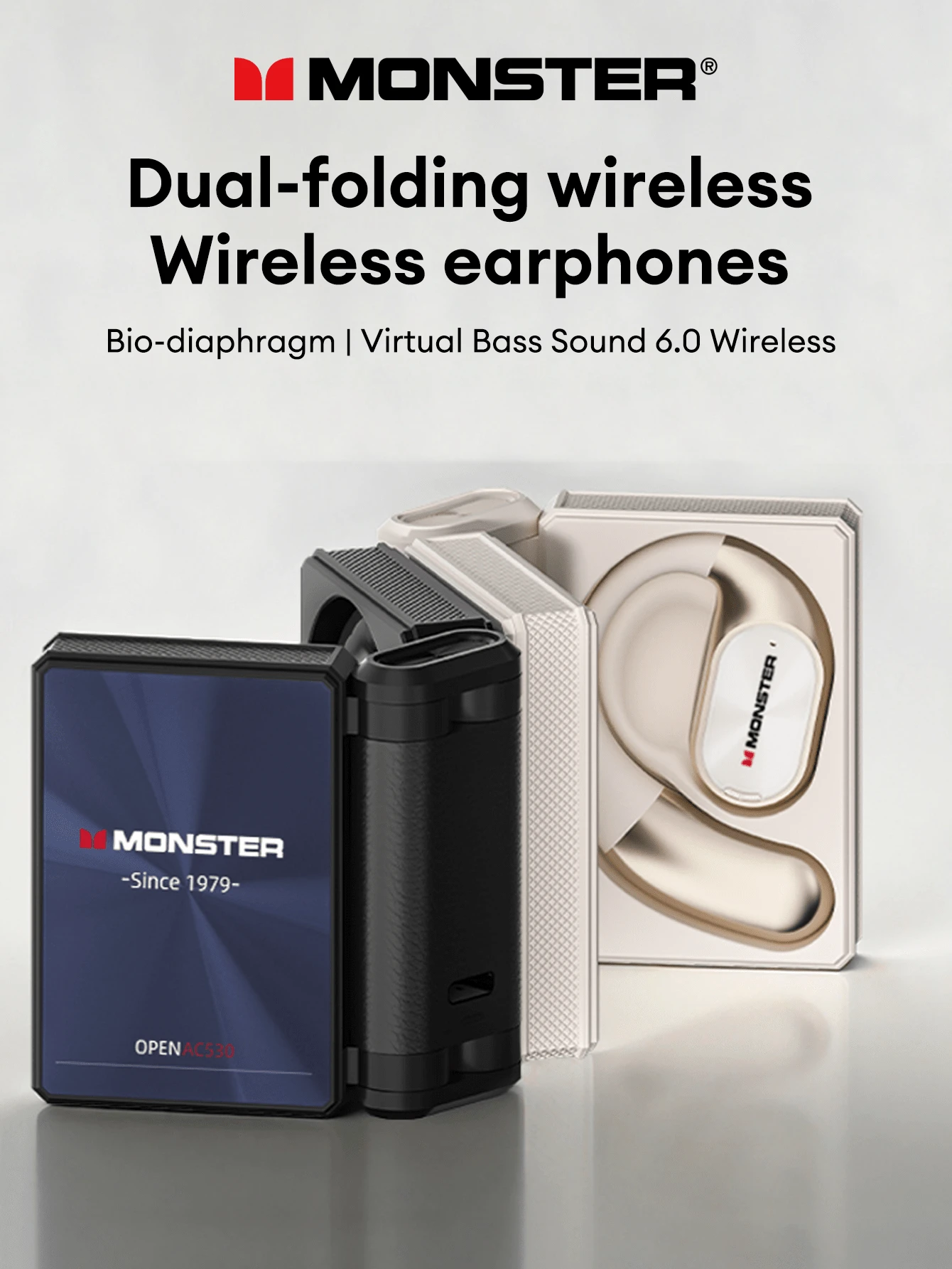 Tai nghe Bluetooth MONSTER AC530 thiết kế mới, kiểu tai treo có thể gập lại, âm trầm sâu, khử tiếng ồn ENC, âm thanh chất lượng cao, nghe nhạc/gọi điện/chơi game, độ trễ thấp, thời lượng pin dài, tai nghe không dây tương thích với điện thoại thông minh và máy tính