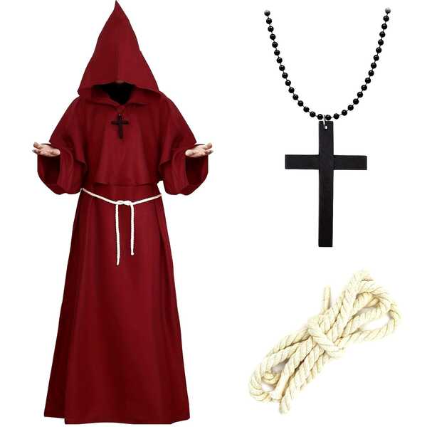 Conjunto de disfraz de túnica con capucha de monje para adultos - Capa de fraile medieval, renacimiento, sacerdote - Disfraz de mago de poliéster para Halloween, carnaval, cosplay - Accesorios lavables y de moda incluidos