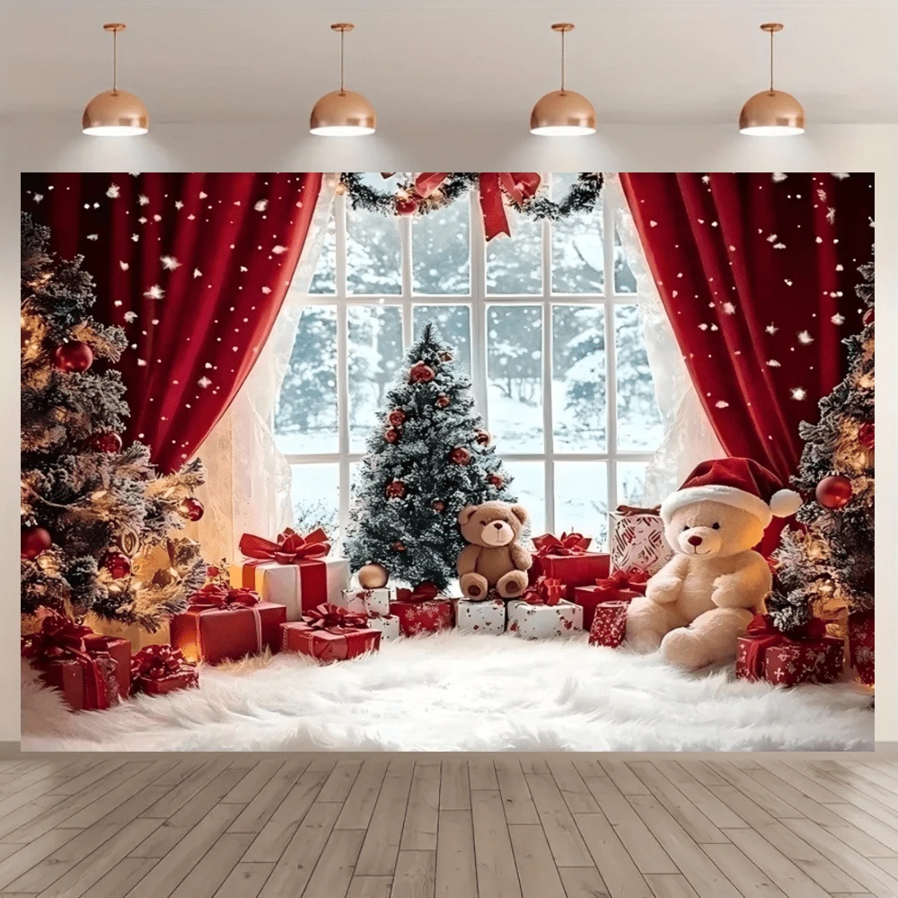 The 1pc Christmas Background Banner, With The Christmas Wonderland Snowman Background Paired With Red Curtains, Is The Perfect Indoor Celebration. It Is Suitable For Home Wall Decoration, Studio Photography, Holiday Gatherings, And Party Theme Decoration. - Multicolor - View 1