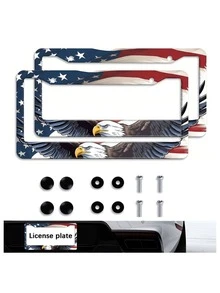 2pcs Patriotic Eagle License Plate Frame, Flag License Plate Frame ABS Material,Fits 6x12 Inch Standard US Size,License Plate Frame America,Comes With Mounting Screws,Flag-Themed Car Modification,Car Accessories Exterior