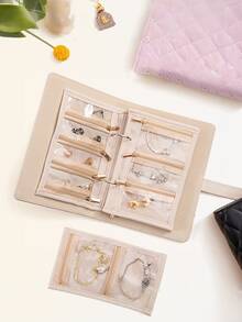 1pc Travel Jewelry Organizer Case, Jewelry Storage Book Ring Binder With Clear Zipper Velvet Jewelry Pouches Bags For Rings,Necklace,Earrings, Gifts For Women-Cream White