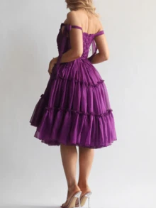 Women's Sleeveless Prom Dresses Short Homecoming Dress For Teens Lace Dresses Off Shoulder Beaded Ball Tulle Formal Evening Party Gowns - 紫羅蘭色 - 查看 5