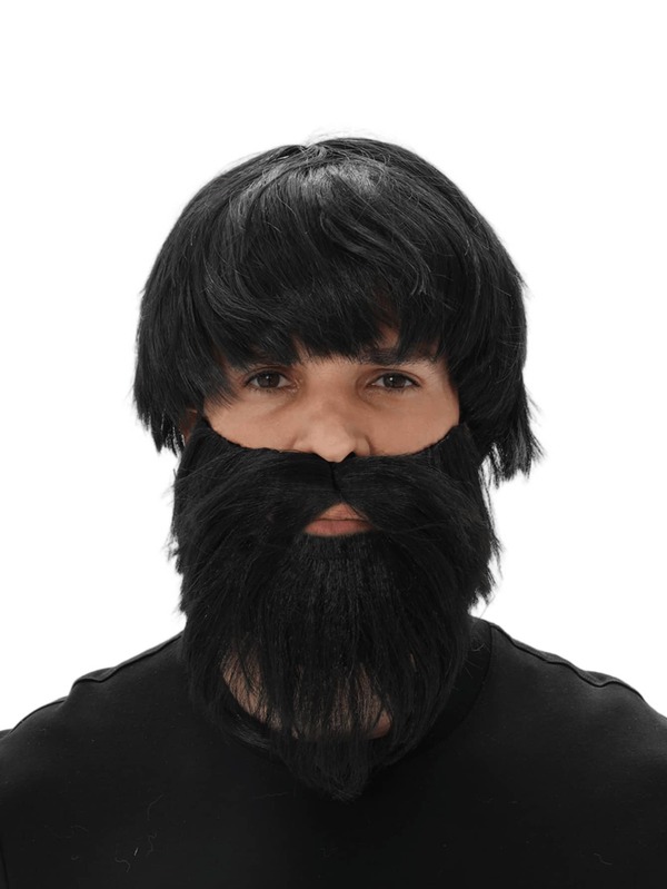 Black Straight Short Wig With Black Full Beard For Costume Party & Theatrical Performance