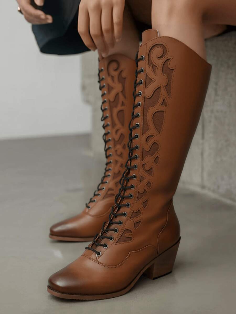 Women's Furcross Block Chunky Heel Cowgirl Cowboy Boots Lace Up SquareToe Riding Boots Retro Style Sturdy Construction Fashion Western Knee High Boots - 棕色 - 查看 1