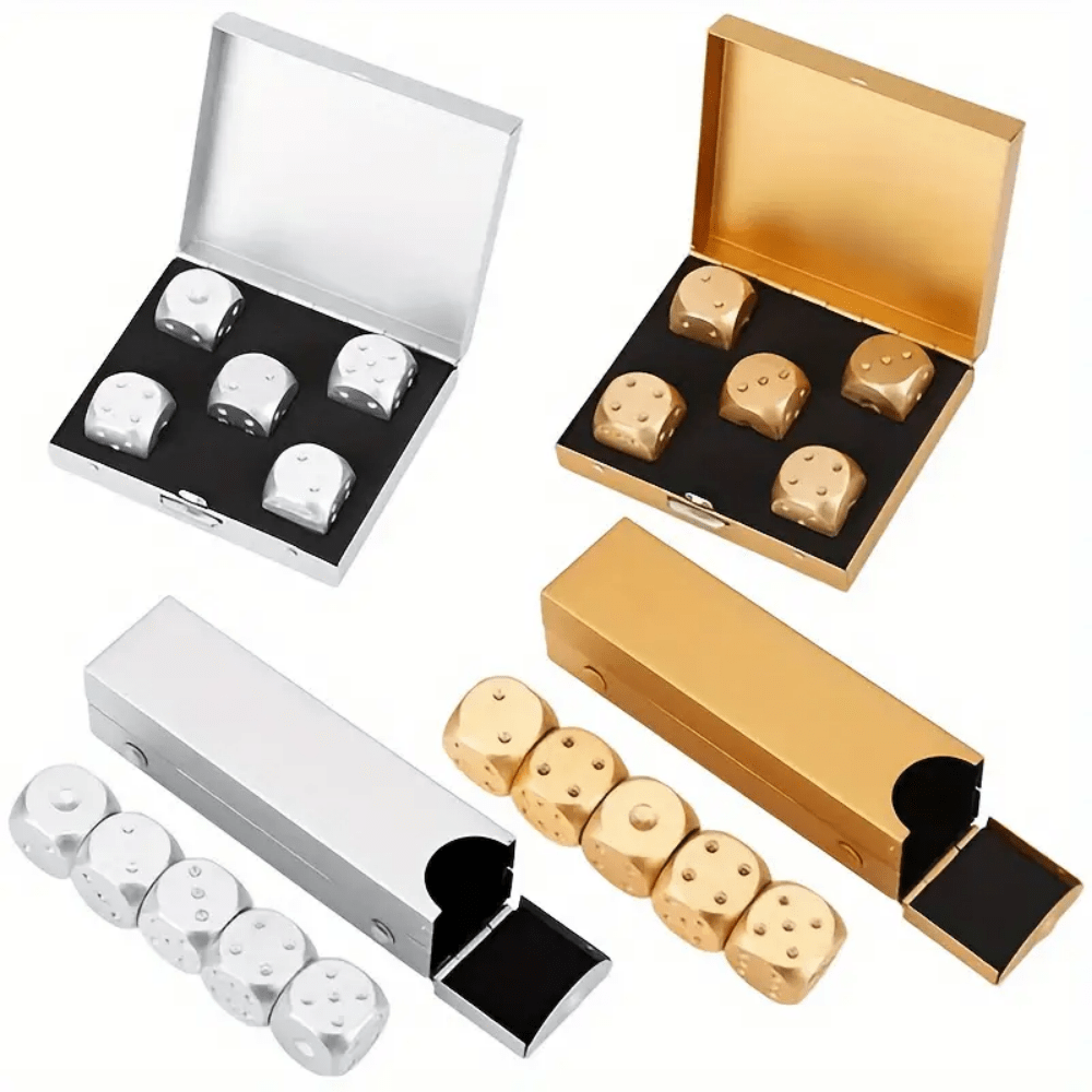 Conjunto de 5 dados premium em liga de alumínio dourado com caixa de armazenamento - perfeito para jogos de festa, preciso e fácil de ler, essencial para jogos de festa, jogos de tabuleiro, acessórios para jogos, hexagonal de aço inoxidável, presente perfeito para amantes de jogos de tabuleiro, adequado para noites de jogos e reuniões familiares, presente de Natal, presente de Dia dos Namorados, presente de Ano Novo, presente de Ação de Graças, presente de festa, presente de aniversário