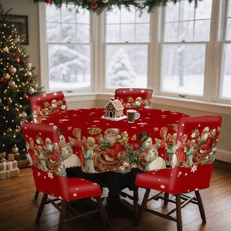 1/4/5/6/35 st. Julsnöhus, renar, jultomten, julgransmönster Dekorativ digitaltryckt duk och stolsöverdrag - inomhusmöbler, dammtät och tvättbar duk, lämplig för inomhusmatsaldekoration, familjesammankomster, presenter, dekoration med feststämning