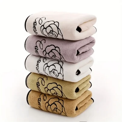 5 st. kreativa kameliabroderade tjocka mjuka handdukar i korallfleece som inte fäller, 33 x 74 cm, oumbärliga för hemmet, perfekt present till grannar