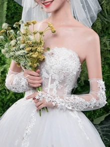 1 Pair Women's Long Lace Floral Sheer Gloves, Suitable For Evening Party, Wedding, Bridal Valentine's Day Accessories - White - View 2