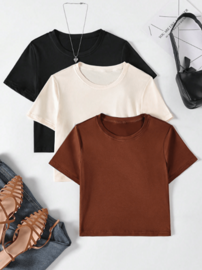 3 Peças/Conjunto Camiseta de Malha Ajustada com Manga Curta e Gola Redonda, Estilo Casual para Adolescente