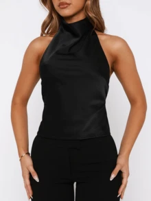 Women's Halter Neck Satin Tops Sleeveless Backless Solid Color Slim Fit Tops Summer Shirts - 黑色 - 查看 3
