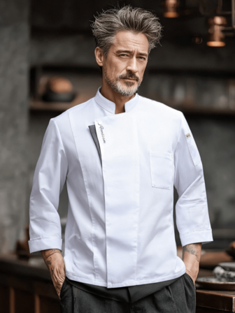 长袖厨师服，秋冬款，白色，法式领口，耐用，耐洗，不起球，亲肤面料，不褪色，防缩水，适用于酒店、餐厅、面包店、咖啡馆、厨房、食堂，男女通用设计