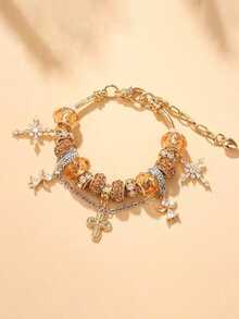 1pc Floral, Cross, Angel, Golden Leopard Print, 8mm Bead, Adjustable Bracelet, Suitable For Christmas, Valentine's Day, Gift For Friends