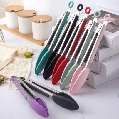 1pc 7"(Nylon)/9"(Silicone) Stainless Steel Kitchen Tongs - Multi-Purpose, Locking Non-Stick Pointed Tip Grill Tongs, Kitchen Food Clip, Heat-Resistant Cooking Tongs For Serving, Grilling, Salad, Baking - Essential Kitchen Tool