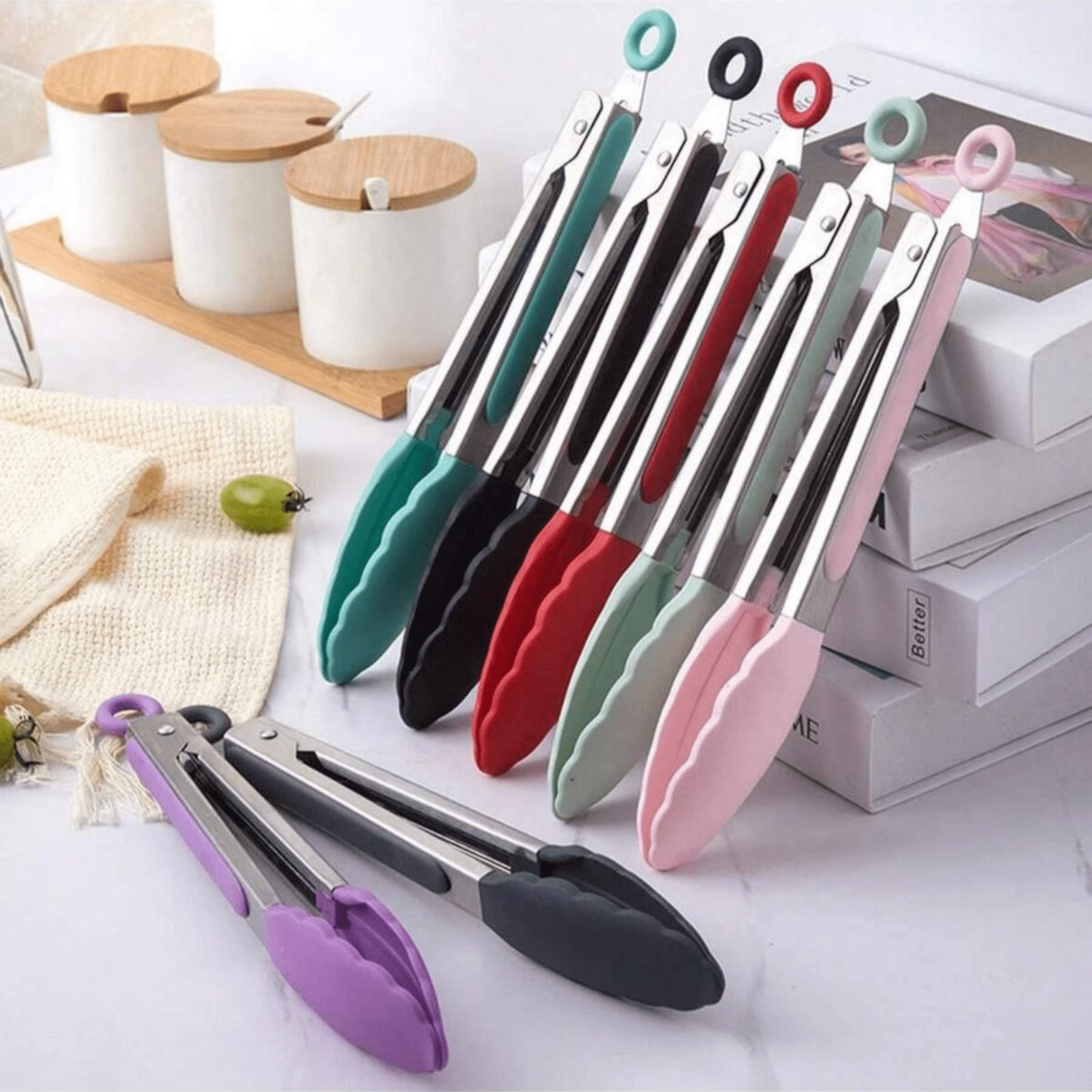 1pc 7"(Nylon)/9"(Silicone) Stainless Steel Kitchen Tongs - Multi-Purpose, Locking Non-Stick Pointed Tip Grill Tongs, Kitchen Food Clip, Heat-Resistant Cooking Tongs For Serving, Grilling, Salad, Baking - Essential Kitchen Tool