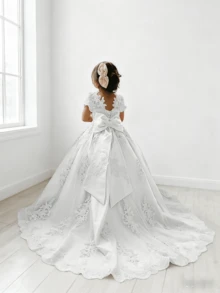 1pc Girl's Lace Appliques Flower Girl Dress With Sleeves Bow-Knot Princess Pageant Dresses Ball Gown, Halloween Gift, Perfect Holiday Gift, Flower Girl Dress For Wedding Tulle First Communion Dress Girls Princess Pageant Dresses Lace Appliques Ball Gown Prom Party Dress Kids Formal Bridesmaid Wedding Party Dresses Flower Girl Dresse - 白色 - 查看 1