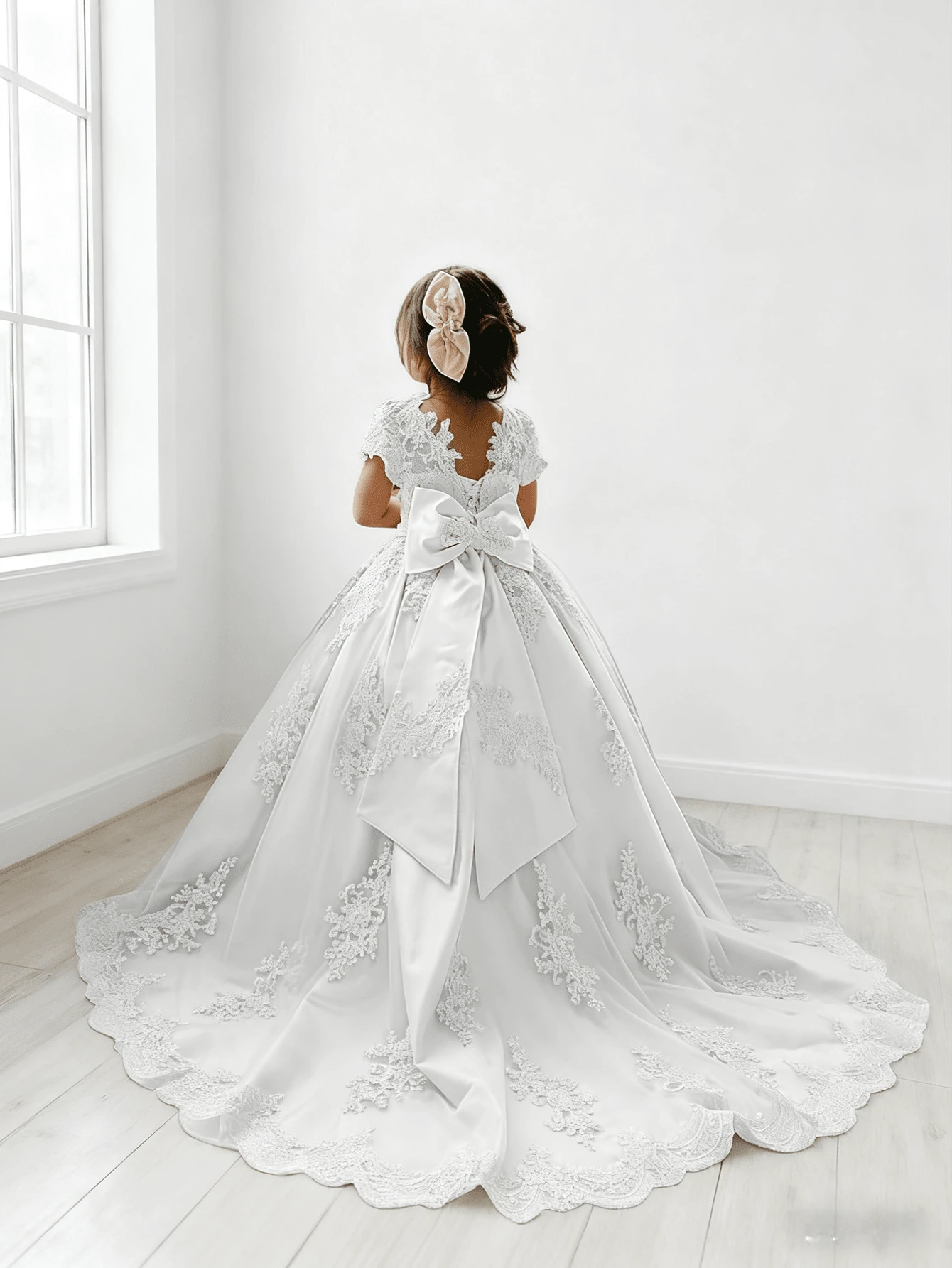 1pc Girl's Lace Appliques Flower Girl Dress With Sleeves Bow-Knot Princess Pageant Dresses Ball Gown, Halloween Gift, Perfect Holiday Gift, Flower Girl Dress For Wedding Tulle First Communion Dress Girls Princess Pageant Dresses Lace Appliques Ball Gown Prom Party Dress Kids Formal Bridesmaid Wedding Party Dresses Flower Girl Dresse - 白色 - 查看 1