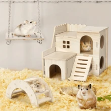 1 Peça Dormitório de Madeira Sólida para Hamster, Prancha de Estiletes, Vila Dupla Camada Urso Dourado, Vila de Madeira Sólida para Hamster, Suprimentos para Hamster, Labirinto e Esconderijo de Madeira Multiambiente para Hamster, Escada de Três Cômodos, Brinquedos de Madeira Sólida Multiambiente para Hamster, Etc. Fornece Atividades Divertidas e Suprimentos de Nidificação Confortáveis para seus Animais de Estimação