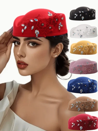 1 件复古毡头巾贝雷帽迷人帽女士药盒帽德比帽带花朵点缀优雅女士茶会帽饰有水钻时尚软呢帽适用于角色扮演服装配饰适用于婚礼派对女士礼物 2025 新款。