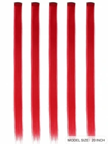 5 PCS Red Colored Clip In Hair Extensions 20 Inch Long Straight Hairpieces Clip In Synthetic, Halloween Cosplay Dress Up Fashion Party Christmas New Year Gift For Women Christmas New Year Carnival Music Festival Use(RED) - 紅色 - 查看 2