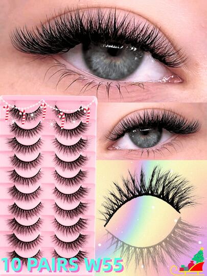 10对W55狐狸眼D型卷翘假睫毛，长度从短到长（6-14毫米），尾部加长。黑色睫毛梗可重复使用，适合日常妆容和浓妆，手工制作，新手友好，万圣节和圣诞节必备单品。