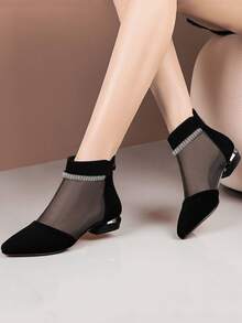 Women's Fashion High Heel Shoes, Mesh Patchwork Breathable Pumps, Rhinestone Decor Chunky Heels - Black - View 11