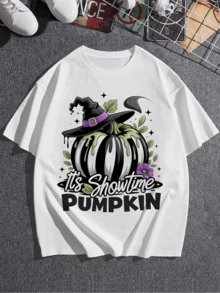 Camiseta festiva para mujer con estampado de calabaza a rayas y sombrero de bruja, estilo informal inspirado en Halloween, perfecta para reuniones de otoño y celebraciones de temporada espeluznantes. - Blanco - Ver 3