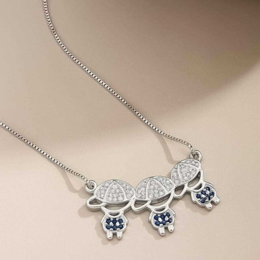 Delicate Women's Necklace With Children's, Boy's And Girl's Pendants, Plated In 18K Gold And 925 Silver With Zirconias - 3 menino (Prata) - 查看 1