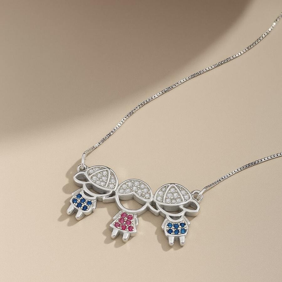 Delicate Women's Necklace With Children's, Boy's And Girl's Pendants, Plated In 18K Gold And 925 Silver With Zirconias - 2 menino 1 menina (Prata) - 查看 1