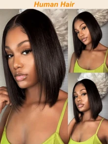 Super Double Drawn 180% Density 13x4 Transparent Lace Bob Wig Silky Straight #1B Hair Pre Plucked Natural Hairline For Women Christmas Gift New Year Party Wig Holiday Wig Festive Style - SNatural - View 6