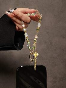 1pc Tassel Beaded Bracelet With Green Bead & White Fan Pendant, Chinese Style Bracelet, Phone Case, Keychain, Bag Charm