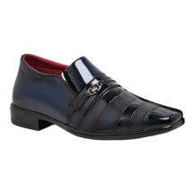 Sapato Social Masculino Em Verniz Brilhante Estampa e Metal - Azul - Visão 4