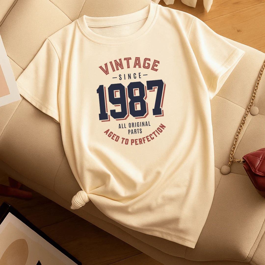 Stylish 100% Cotton T-Shirt, Vintage 1987 Print - 離開 - 查看 1