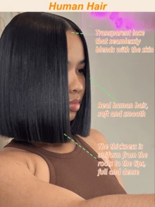 Super Double Drawn 180% Density 13x4 Transparent Lace Bob Wig Silky Straight #1B Hair Pre Plucked Natural Hairline For Women Christmas Gift New Year Party Wig Holiday Wig Festive Style - SNatural - View 9