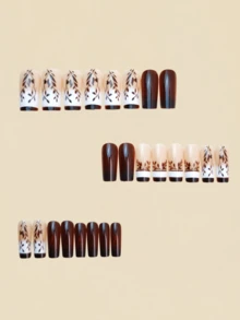 Brown Leaf Pattern Nails,French Tip Nails,Fall Nail Stickers,Suitable For Festivals, Parties, Friends' Gatherings, Dates, And Daily Wear, It Is The Perfect Nail Art Gift For Ladies Or Girls. Press On Nails