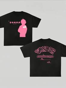 Y2K SONDER Graphic Black T - Shirt | Unique Design With Pink Silhouette & Meaningful Text, Comfortable Casual Tee For Trendsetters, Perfect For Daily Wear & Street Style - màu đen - Xem 1