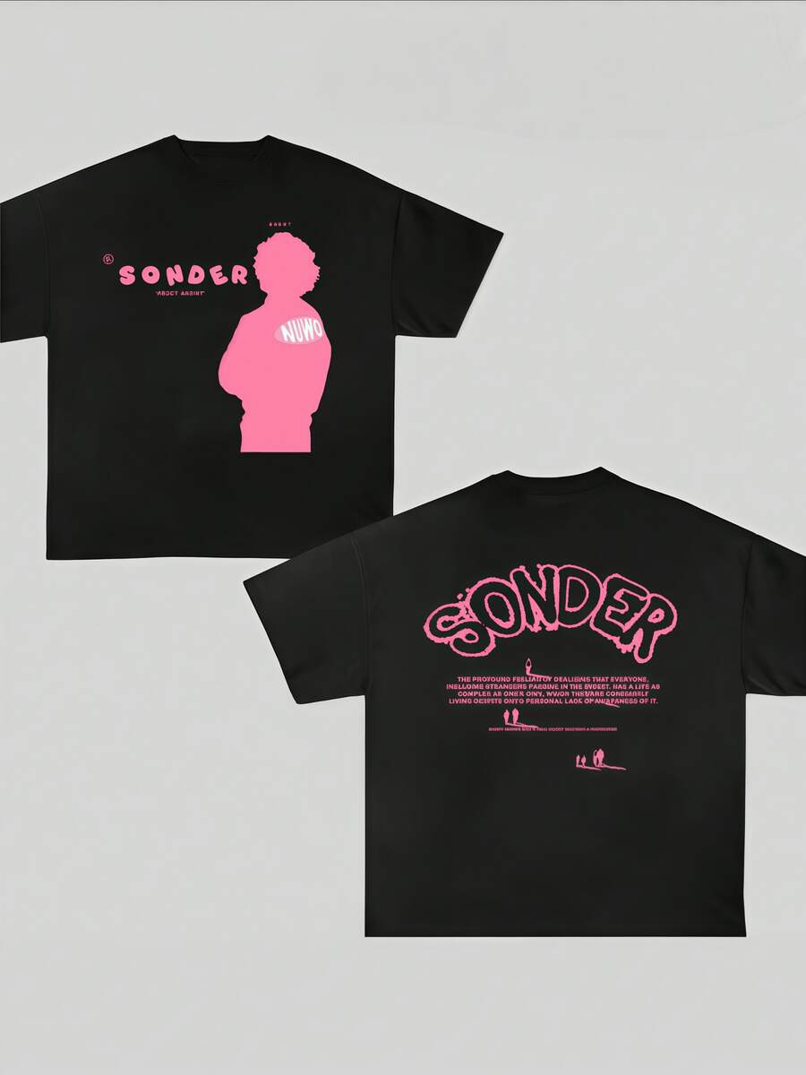 Y2K SONDER Graphic Black T - Shirt | Unique Design With Pink Silhouette & Meaningful Text, Comfortable Casual Tee For Trendsetters, Perfect For Daily Wear & Street Style - màu đen - Xem 1