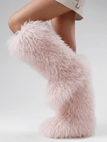 Women's Winter Knee High Boots Pull-On Faux Fur Round Toe Strap Boots For Women Comfy Plush Warm Outdoor Indoor Flat Shoes Punk Party Dressy Furry Fluffy Winter Autumn Fall Boots - Hồng - Xem 5