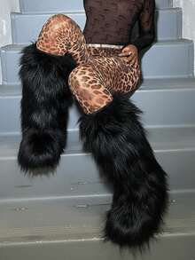 2025 Winter Knee High Boots Pull-On Faux Fur Boots Furry Fluffy Round Toe Fashion Boots For Women Suede Comfy Plush Warm Knee High Boots Outdoor Indoor Flat Shoes EdgyElongate Party Dressy Women Winter Autumn Fall Boots - Black - View 4