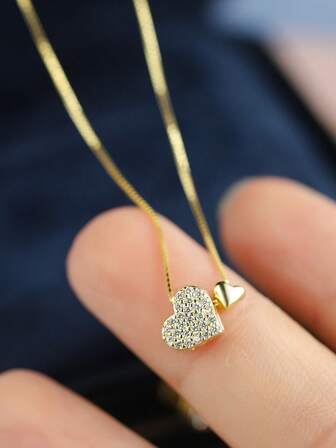 1pc 925 Sterling Silver 14k Gold Plated Minimalist Heart Pendant Necklace, Delicate Indie Design Choker Necklace, Random Box Style, Gift For Best Friend Birthday