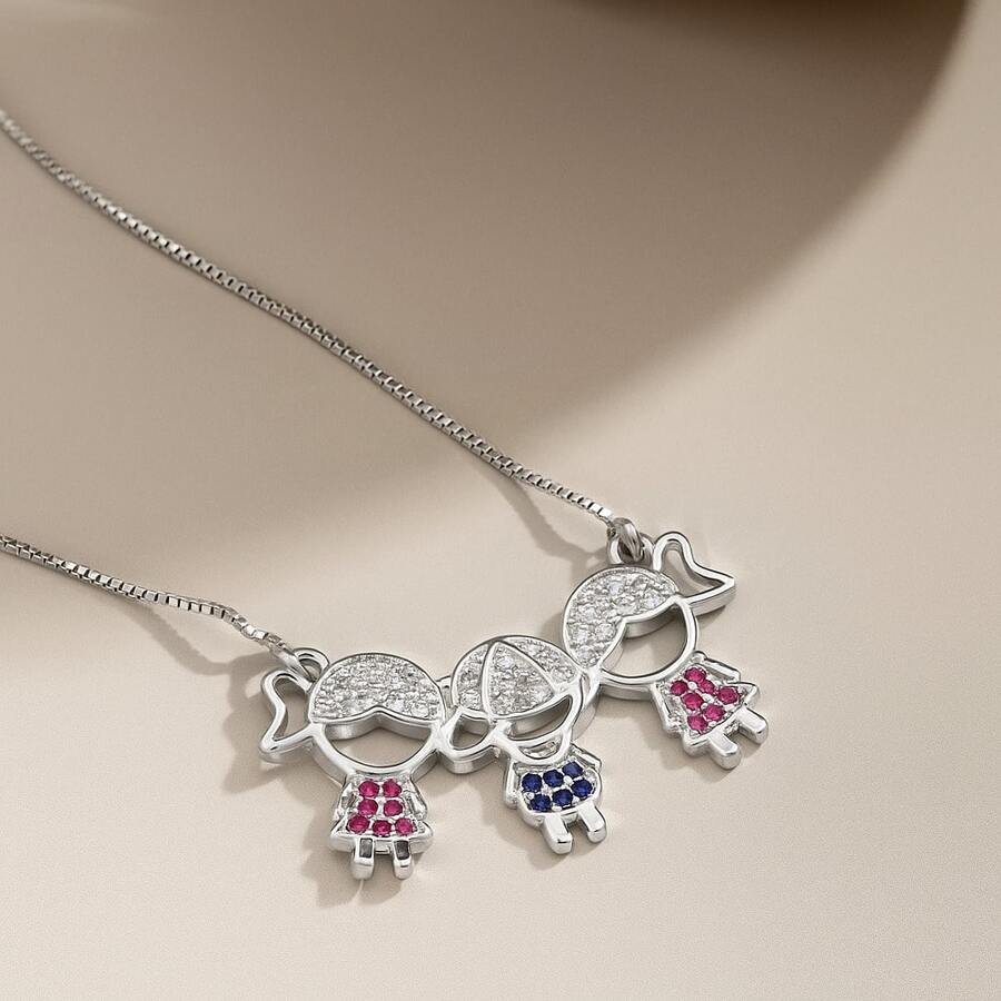 Delicate Women's Necklace With Children's, Boy's And Girl's Pendants, Plated In 18K Gold And 925 Silver With Zirconias - 2 menina 1 menino (Prata) - 查看 1