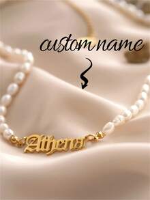 1Pc 18K Gold Old English Name Necklace,Pearl Waterproof Name Necklace,Personalized Jewelry,Minimalist Name Necklace, Birthday Gift,Anniversary Gift,Valentine'S Day Gift,Party Gift