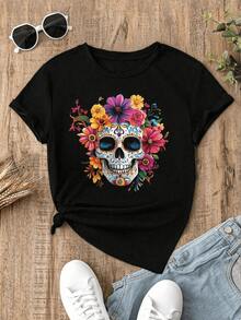 Camiseta casual para mujer de manga corta con cuello redondo, ajuste suelto, con gráfico de esqueleto y flores