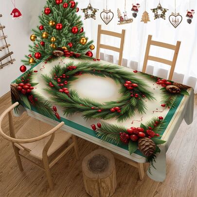 1/20pcs Christmas Tablecloth, Classic White Background Embellished With Green Christmas Wreath And Red Christmas Berries Pattern Tablecloth, Happy Theme, Christmas Atmosphere Decoration, Perfect For Study, Kitchen, Bedroom Home Decoration