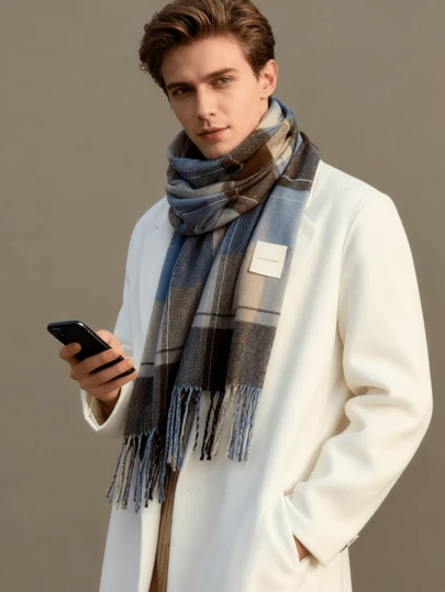 1pc Plaid Scarf, Warm Long Scarf With Tassels, Unisex Design, Winter