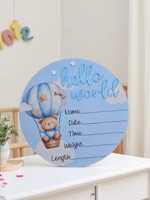 1pc "Hello World" Birth Announcement Board, Baby Photo Prop Wooden Plaque, Baby Milestone Marker, Christening Gift (Boy/Girl) - Blue - View 11