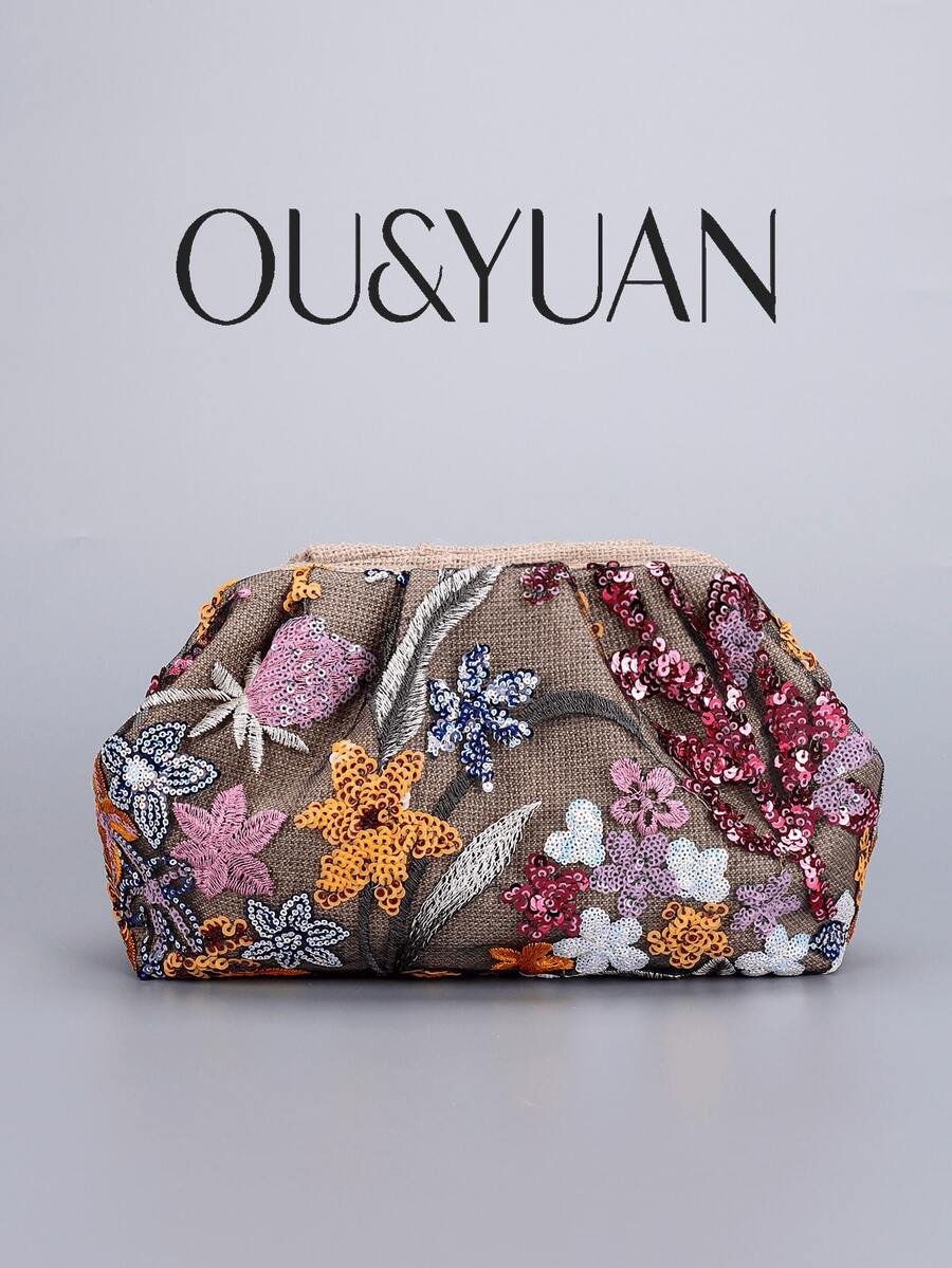 亮片刺绣花卉褶皱手拿包，女士休闲轻便假日钱包，时尚魅力晚宴包，适合度假、派对、通勤、圣诞礼物（图案位置随机），亮片