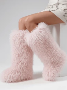 Women's Winter Knee High Boots Pull-On Faux Fur Round Toe Strap Boots For Women Comfy Plush Warm Outdoor Indoor Flat Shoes Punk Party Dressy Furry Fluffy Winter Autumn Fall Boots - Hồng - Xem 4
