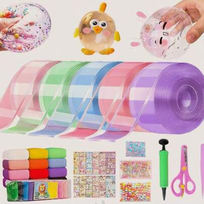 Kit de cinta de burbujas Nano para niños, incluye cinta fluorescente, arcilla, pegatinas lindas y herramientas accesorias. Set de cinta de burbujas Nano adecuado para niños, adolescentes y niñas. Manualidades con cinta Nano (color de accesorios aleatorio)